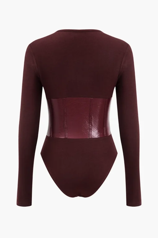 MICAS Bodysuits-Patchwork Faux Leather Long Sleeve Bodysuit BURGUNDY