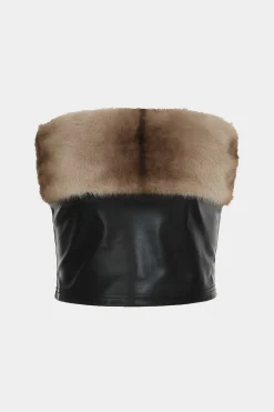 MICAS Tube Tops-Patchwork Faux Leather Strapless Tube Top BLACK