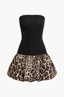 MICAS Mini Dresses-Patchwork Leopard Print Puffy Strapless Mini Dress Contrast Color