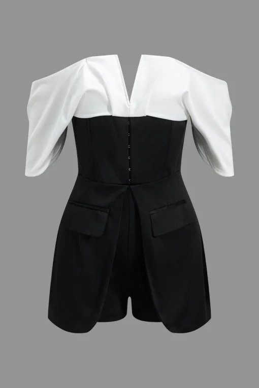 MICAS Jumpsuits & Rompers-Patchwork Off Shoulder V-Shaped Romper BLACK