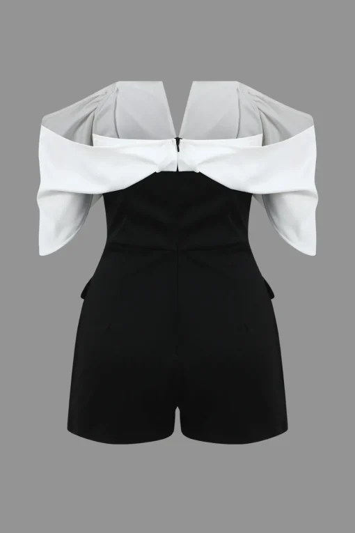 MICAS Jumpsuits & Rompers-Patchwork Off Shoulder V-Shaped Romper BLACK