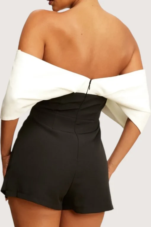 MICAS Jumpsuits & Rompers-Patchwork Off Shoulder V-Shaped Romper BLACK