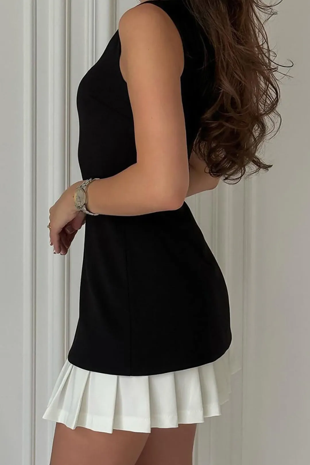 MICAS Mini Dresses-Patchwork Pleated Hem Tank Mini Dress