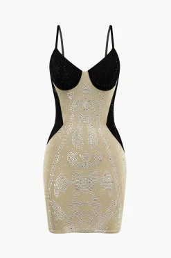 MICAS Mini Dresses-Patchwork Rhinestone Spaghetti Strap Sleeveless Mini Dress Contrast Color