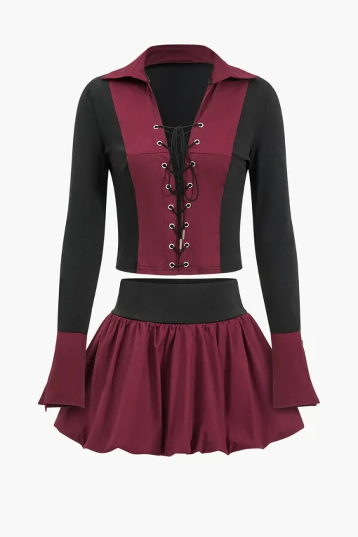 MICAS Skirt Sets-Patchwork Tie Up Top And Puff Skirt Set BURGUNDY
