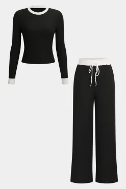 MICAS Pant Sets-Patchwork Top And Drawstring Straight Trousers Set