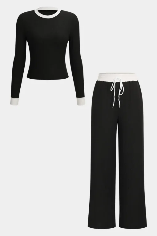 MICAS Pant Sets-Patchwork Top And Drawstring Straight Trousers Set