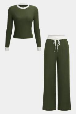 MICAS Pant Sets-Patchwork Top And Drawstring Straight Trousers Set