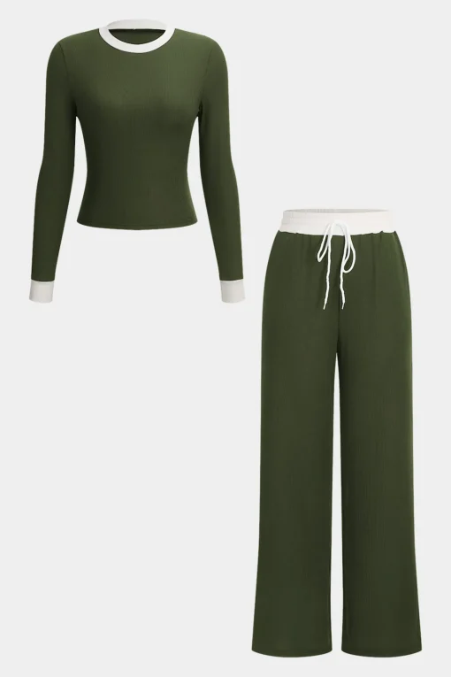 MICAS Pant Sets-Patchwork Top And Drawstring Straight Trousers Set