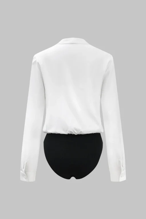 MICAS Bodysuits-Patchwork V-Neck Long Sleeve Bodysuit WHITE