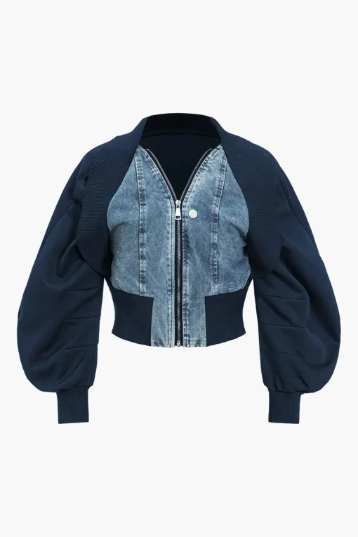 MICAS Outerwear|Outerwear-Patchwork Zipper Denim Outerwear Jacket