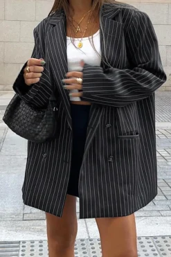 MICAS Outerwear|Outerwear-Pinstripe Print Notched Lapel Blazer BLACK