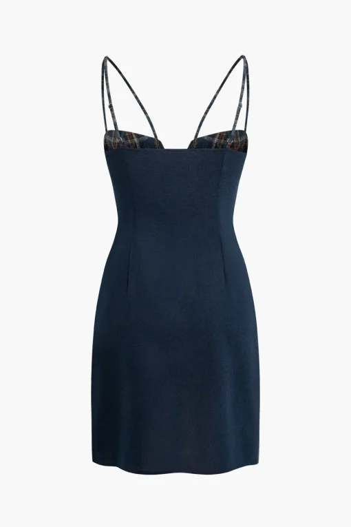 MICAS Mini Dresses-Plaid Detail Bustier Slip Mini Dress DARK BLUE