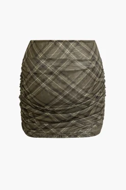 MICAS Skirts-Plaid Print Tie Front Mini Skirt COFFEE