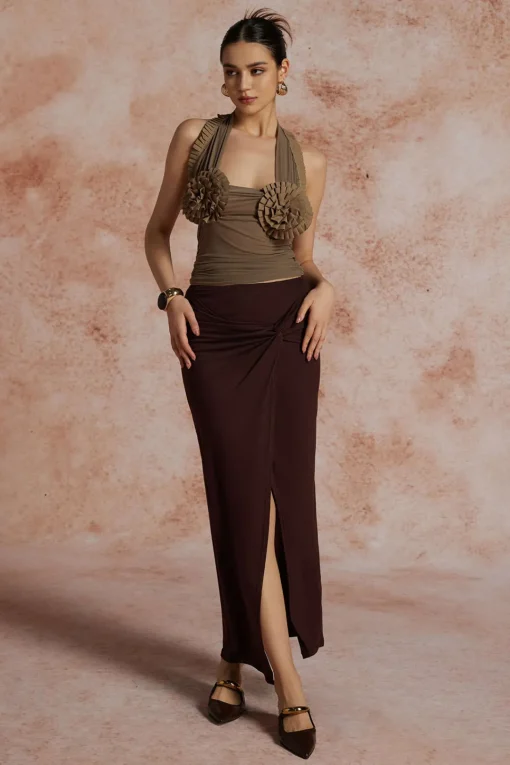 MICAS Tank Tops & Cami-Pleated Mesh Halter Tank Top