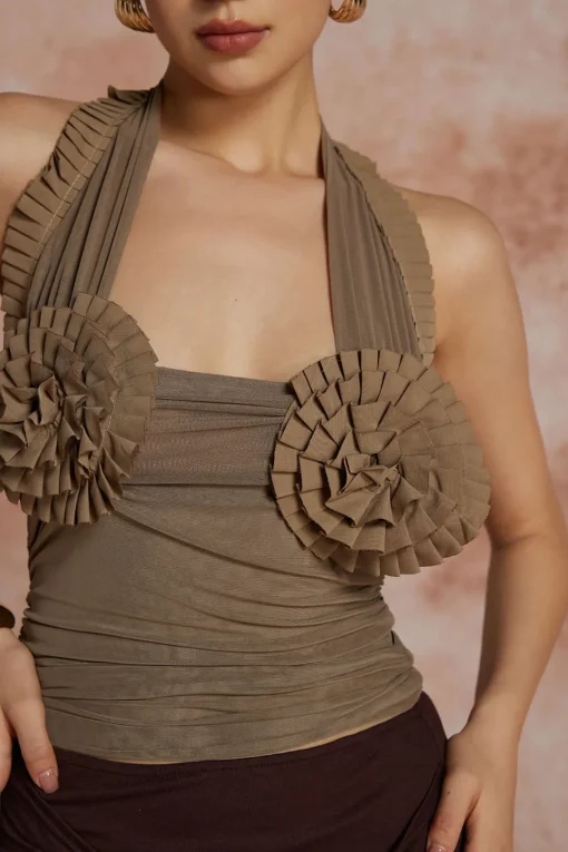 MICAS Tank Tops & Cami-Pleated Mesh Halter Tank Top