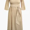 MICAS Long Sleeve Dresses-Plus Size Off Shoulder Smocked Maxi Dress With Belt KHAKI