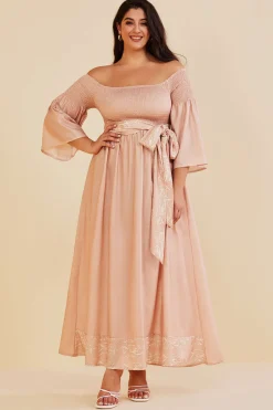MICAS Long Sleeve Dresses-Plus Size Off Shoulder Smocked Maxi Dress With Belt KHAKI