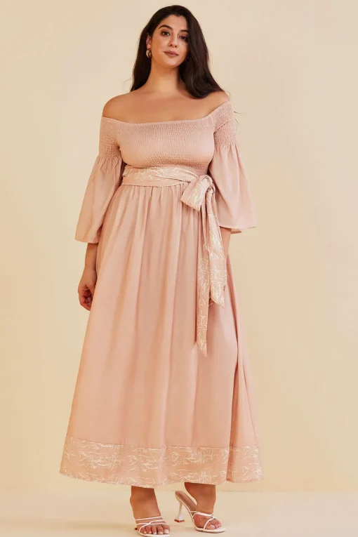 MICAS Long Sleeve Dresses-Plus Size Off Shoulder Smocked Maxi Dress With Belt KHAKI