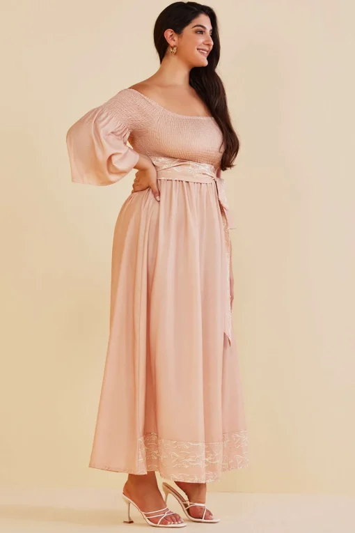 MICAS Long Sleeve Dresses-Plus Size Off Shoulder Smocked Maxi Dress With Belt KHAKI