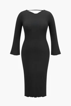MICAS Long Sleeve Dresses-Plus Size Solid Knit Backless Tie Back Midi Dress BLACK