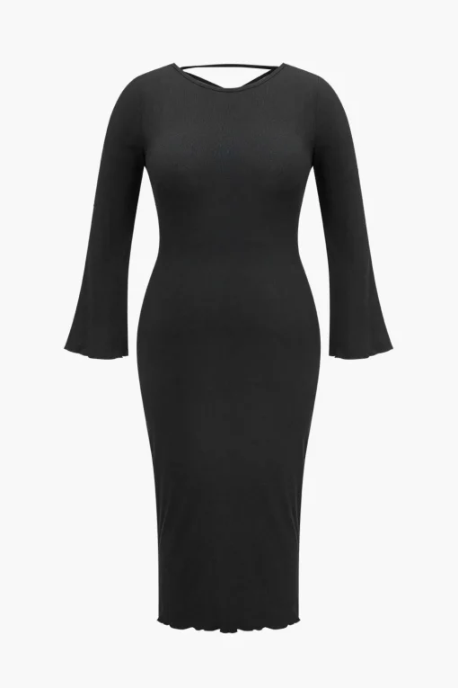 MICAS Long Sleeve Dresses-Plus Size Solid Knit Backless Tie Back Midi Dress BLACK