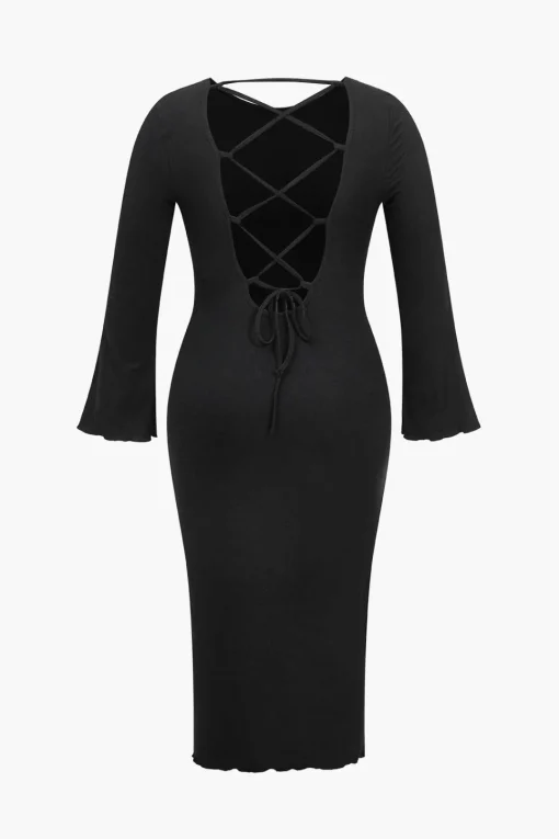 MICAS Long Sleeve Dresses-Plus Size Solid Knit Backless Tie Back Midi Dress BLACK