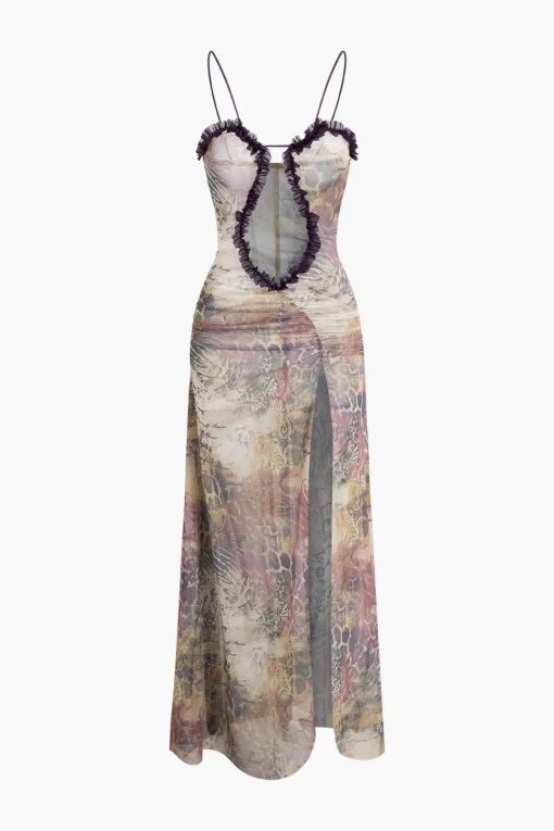 MICAS Maxi Dresses-Printed Ruffle Cut Out Mesh Slit Slip Maxi Dress