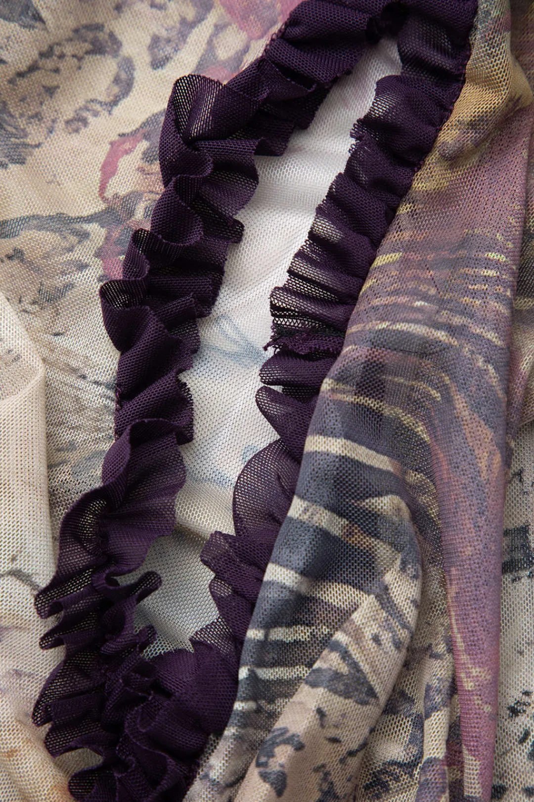 MICAS Maxi Dresses-Printed Ruffle Cut Out Mesh Slit Slip Maxi Dress