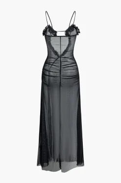MICAS Maxi Dresses-Printed Ruffle Cut Out Mesh Slit Slip Maxi Dress