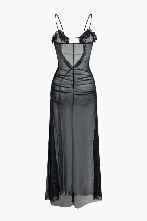 MICAS Maxi Dresses-Printed Ruffle Cut Out Mesh Slit Slip Maxi Dress