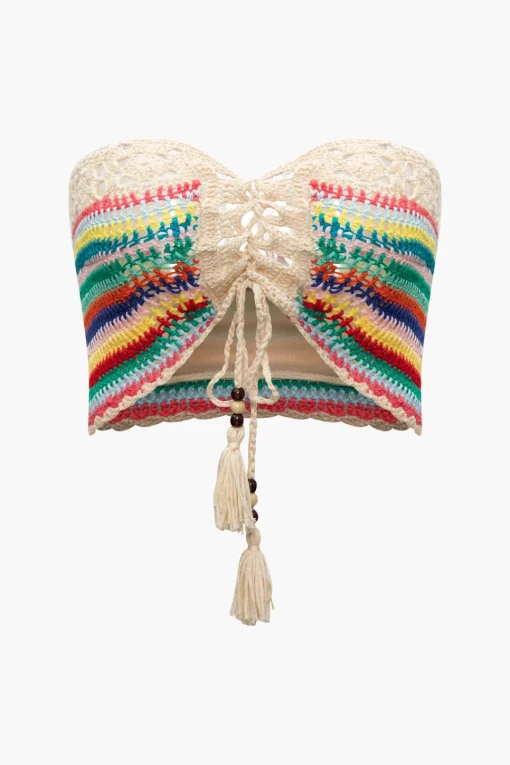 MICAS Knitwear|Vacation Sets-Rainbow Crochet Tie Front Tube Top And Shorts Set BEIGE