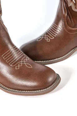 MICAS Shoes|Boots-Retro Embroidered Faux Leather Chunky Heel Mid Calf Boots BROWN