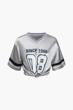 MICAS T-Shirts-Retro Print Contrast Binding V-Neck T-Shirt SILVER