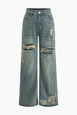 MICAS Jeans-Retro Print Washed Ripped Asymmetrical Jeans LIGHT WASH BLUE