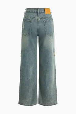 MICAS Jeans-Retro Print Washed Ripped Asymmetrical Jeans LIGHT WASH BLUE