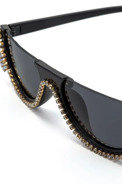 MICAS Sunglasses|Accessories-Rhinestone Decor Half Frame Sunglasses BLACK
