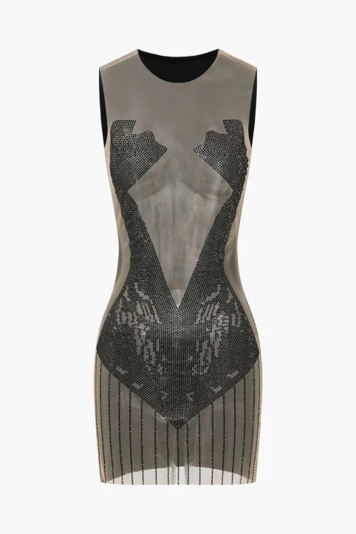 MICAS Mini Dresses-Rhinestone Sheer Mesh Patchwork Mini Dress
