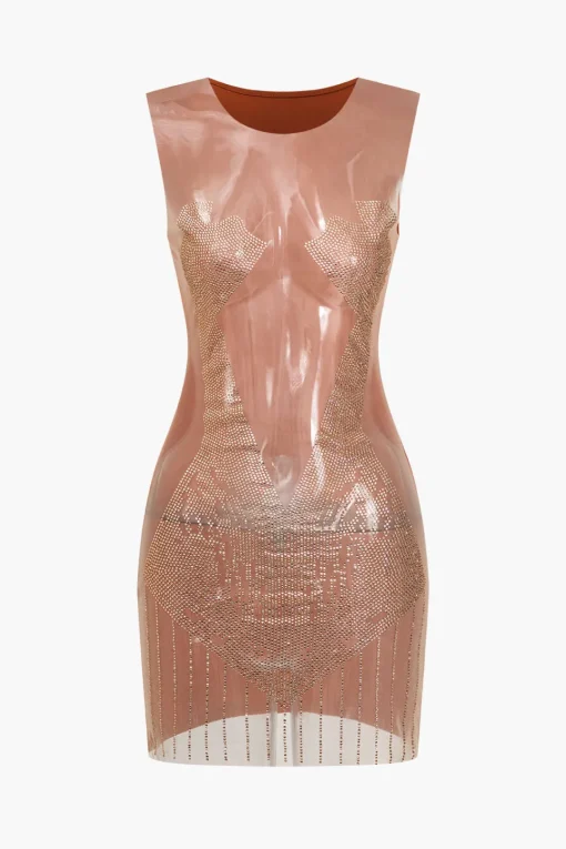 MICAS Mini Dresses-Rhinestone Sheer Mesh Patchwork Mini Dress