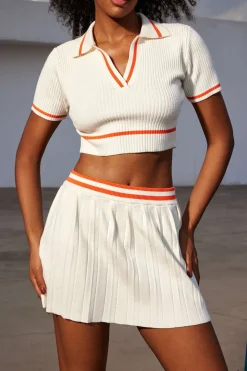MICAS Vacation Sets|Knit Sets-Ribbed Knit Polo Top And Pleated Skirt Set Contrast Color
