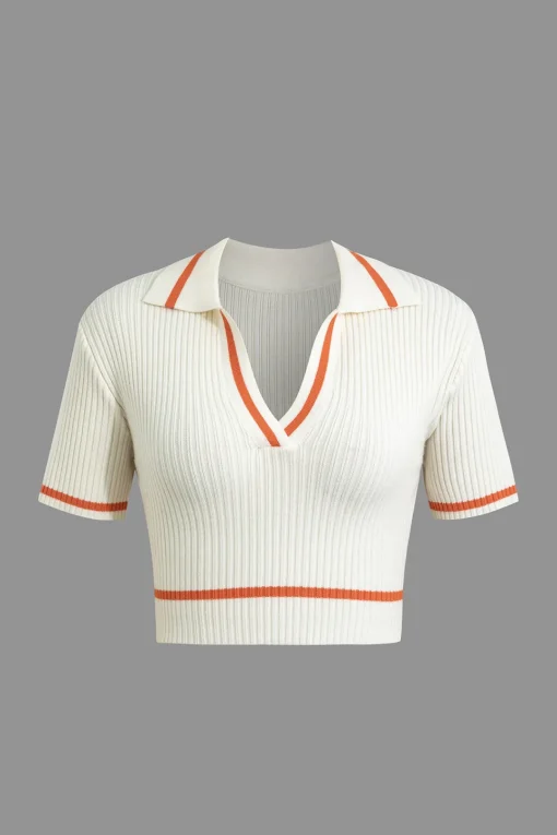 MICAS Vacation Sets|Knit Sets-Ribbed Knit Polo Top And Pleated Skirt Set Contrast Color