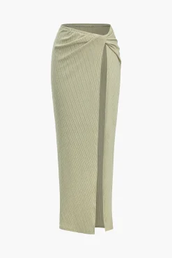 MICAS Skirt Sets-Ribbed V-Neck Bodysuit And High-Slit Midi Skirt Set WHEAT