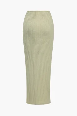 MICAS Skirt Sets-Ribbed V-Neck Bodysuit And High-Slit Midi Skirt Set WHEAT