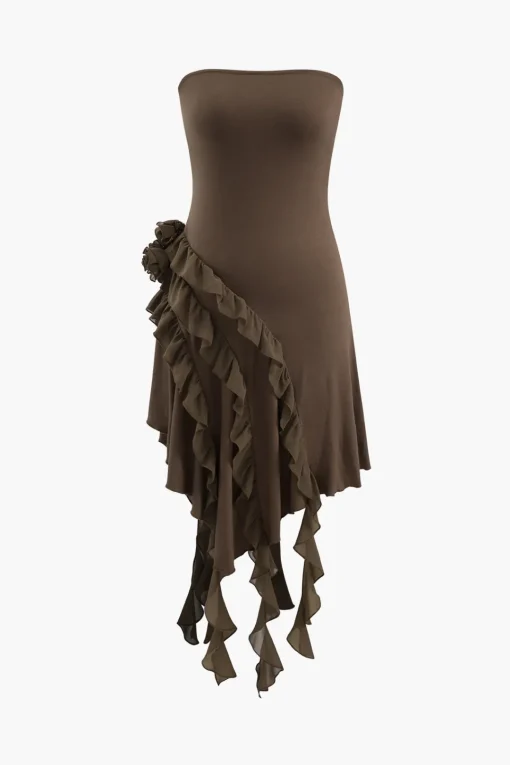 MICAS Midi Dresses-Rose Ruffle Strapless Mini Dress COFFEE