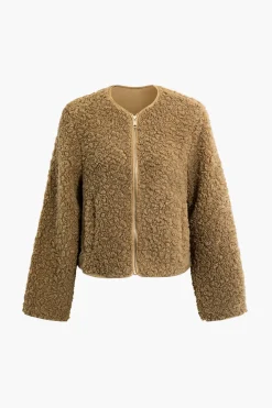 MICAS Outerwear|Outerwear-Round Neck Fleece Zip Up Long Sleeve Coat TAN