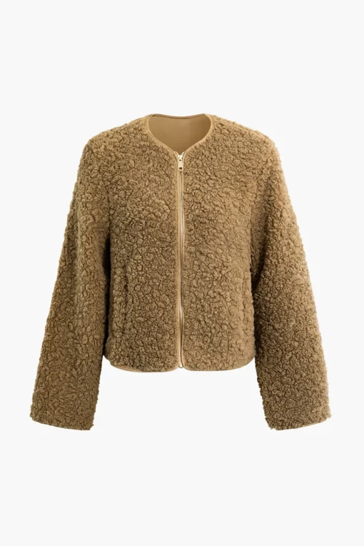 MICAS Outerwear|Outerwear-Round Neck Fleece Zip Up Long Sleeve Coat TAN