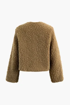 MICAS Outerwear|Outerwear-Round Neck Fleece Zip Up Long Sleeve Coat TAN
