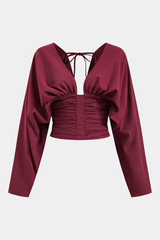 MICAS Long Sleeve Tops|Long Sleeves Tops-Ruched Backless Tie Back Long-Sleeve Shirt BURGUNDY