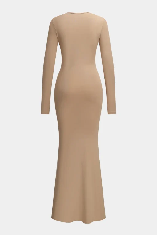 MICAS Long Sleeve Dresses|Maxi Dresses-Ruched Bow Round Neck Long Sleeve Maxi Dress KHAKI