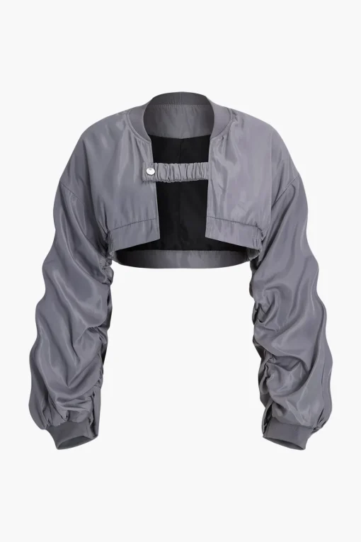 MICAS Outerwear|Outerwear-Ruched Detail Cropped Jacket LIGHT GRAY